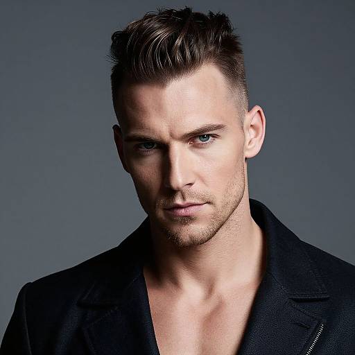 Photograph of a handsome, blue-eyed, fair-skinned man with short, styled brown hair, wearing a black jacket, against a dark gray background