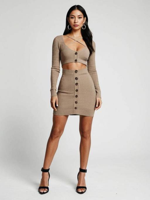 Woman in Tan Knit Dress and Strappy Heels
