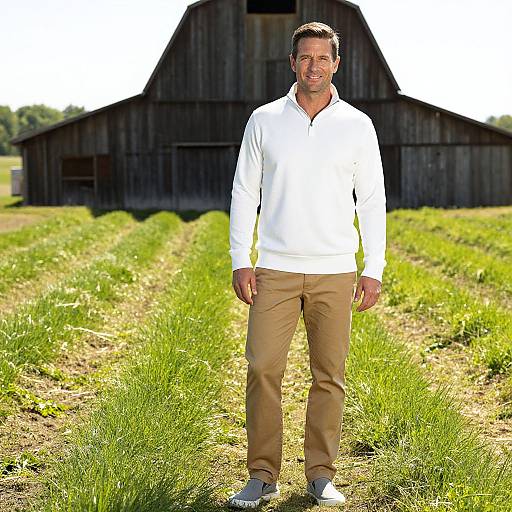 Photograph of a smiling, middle-aged man with short brown hair, wearing a white polo shirt and beige pants, standing in a grassy field in