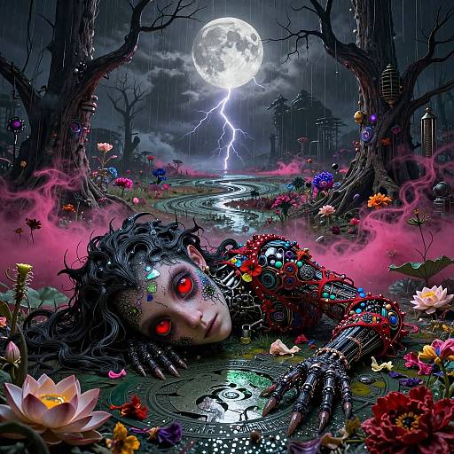 Digital art: Gothic, surreal scene with a cybernetic woman with glowing red eyes, lying in a flower-filled, misty, rain-soaked