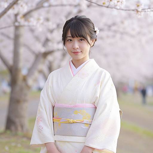 Photograph of an Asian woman with black hair in a white kimono with pink and yellow obi, standing outdoors under blooming cherry trees.
