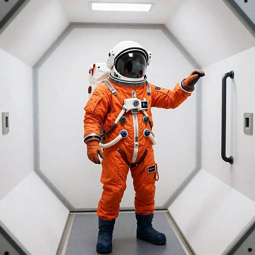 Astronaut in Orange Spacesuit in Airlock