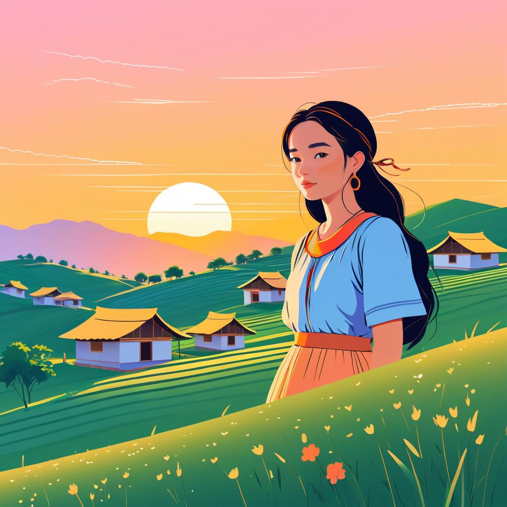 Charming Village Girl at Sunset Illustration