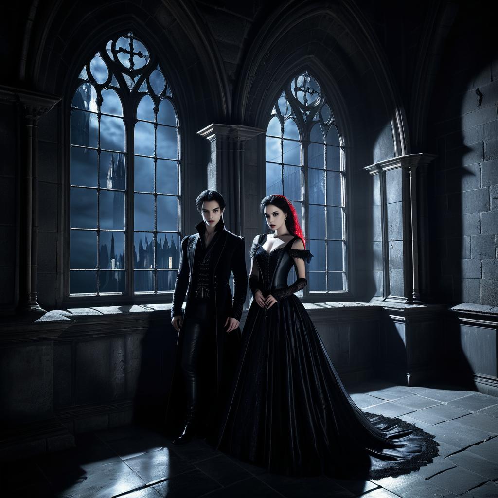 Eerie Gothic Vampires in Moonlit Castle