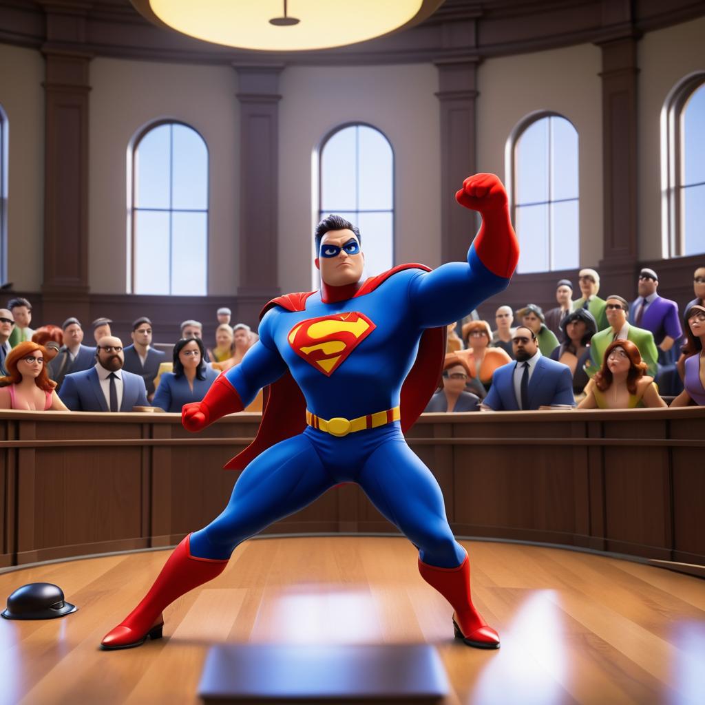 Pixar-Style Courtroom Showdown with Superhero