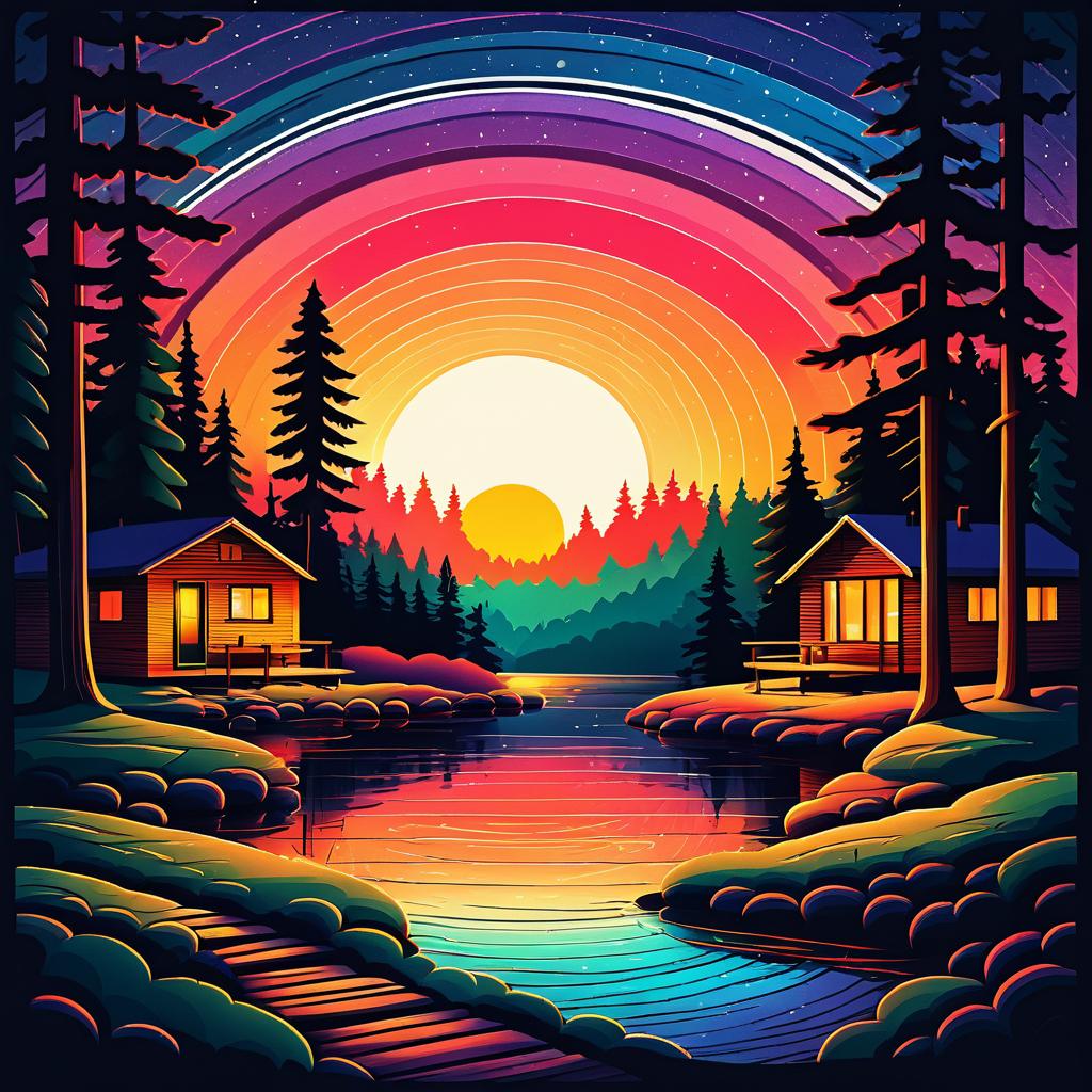 Cozy Cabin Retro Sunset Art