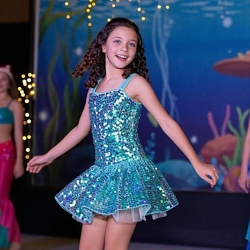 Photograph of a smiling young girl with curly brown hair, wearing a shimmering blue sequin dress, dancing on stage in an underwater-themed background with