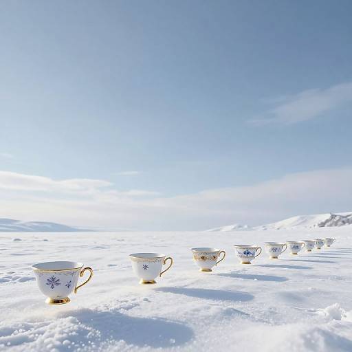 Photograph of white porcelain tea cups with blue star patterns and gold rims, lined up in a snowy landscape under a bright blue sky.