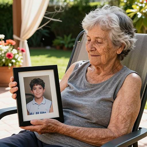 Photograph of an elderly woman with white hair, wearing a gray sleeveless top, holding a framed photo of a young boy in a white polo shirt