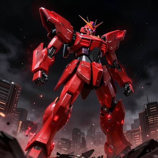 Digital art of a massive, red, glowing, humanoid robot standing in a destroyed, smoky cityscape at night, surrounded by shattered buildings and debris