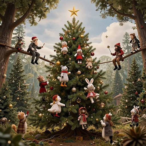 Photograph of a festive Christmas tree adorned with plush toys, decorated with ornaments, and surrounded by anthropomorphic characters on tree branches in a forest clearing.
