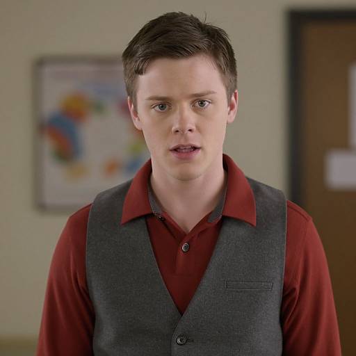 Photograph of a young Caucasian man with short brown hair, wearing a red shirt and gray vest, standing in an office with a blurred colorful poster and