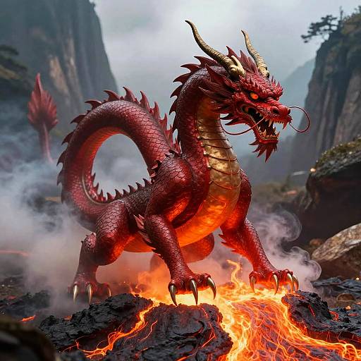 Red Asian Dragon Emerging from Volcanic Lava