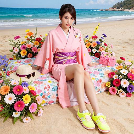 Asian woman in pink kimono, purple obi, yellow sneakers, sitting on floral blanket, surrounded by colorful flowers, beach background, white hat beside