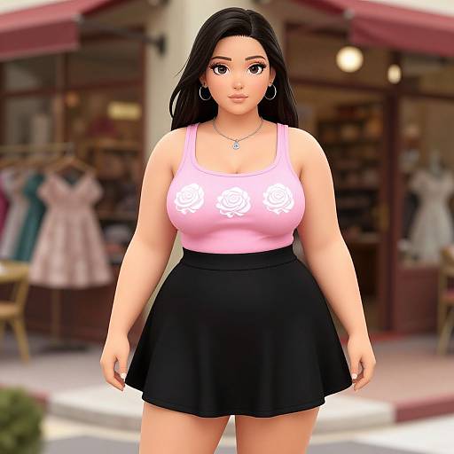CGI image of a young Asian woman with long black hair, wearing a pink tank top with white roses and a black skirt, standing in front of