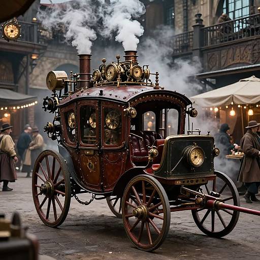 Photograph of a steampunk-style, brass and wooden steam-powered carriage with billowing white smoke, set in a bustling, Victorian-era market with