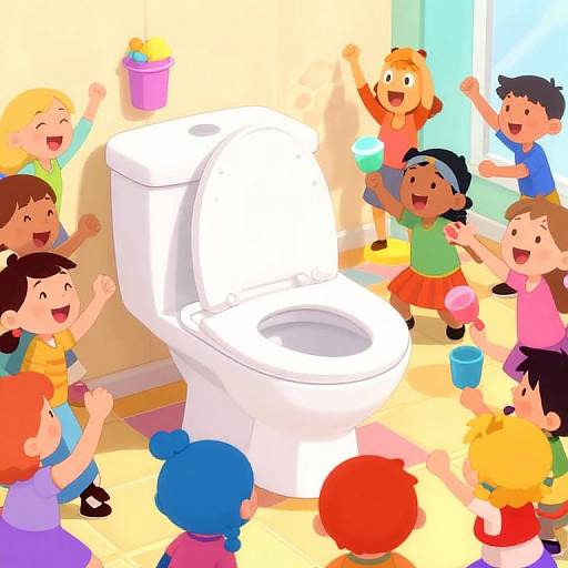 Colorful digital illustration of diverse children joyfully gathering around a white toilet in a bright bathroom, holding colorful buckets, smiling, and raising arms.
