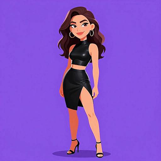 Digital illustration of a confident woman with long dark hair, wearing a black leather crop top and skirt, high heels, and hoop earrings, against a solid