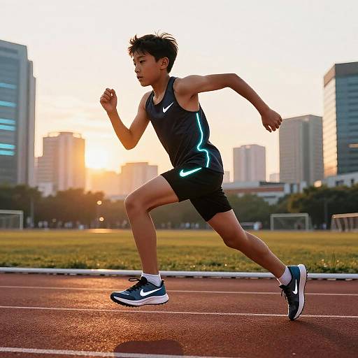 Photograph of a young Asian man in a black athletic shirt and shorts, running on a track at sunset, with city skyscrapers in the background