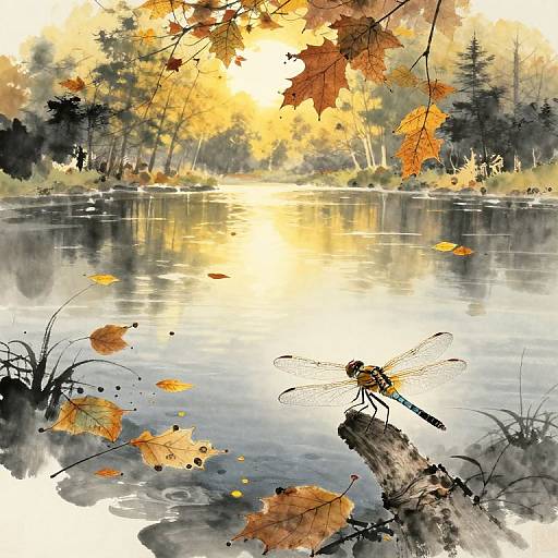Watercolor painting of a serene lake reflecting autumn sun, with a dragonfly on a log, orange leaves falling, and forest trees in the background.
