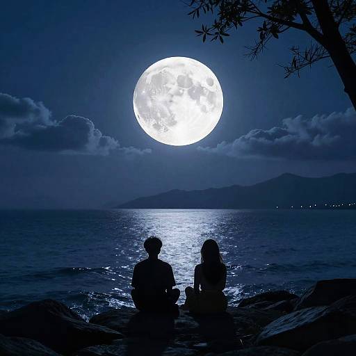 Couple Silhouettes Watching Full Moon Over Ocean