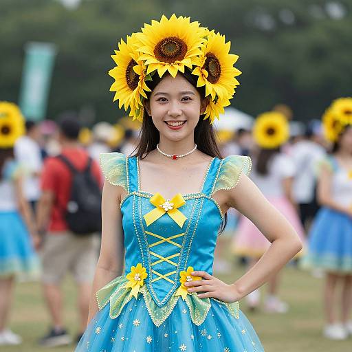 Sunflower Festival Woman in Blue Dress