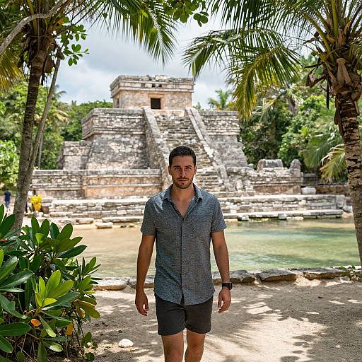 Photograph of a handsome, light-skinned man in a blue checkered shirt and black shorts walking towards a large, ancient stone pyramid surrounded by lush