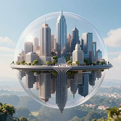 Digital artwork of a futuristic cityscape with tall skyscrapers enclosed in a transparent spherical bubble, floating above lush green landscape.
