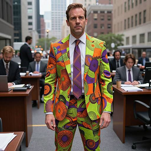 Photograph of a serious man in a vibrant, psychedelic floral suit standing in a busy office with multiple people working. Urban cityscape background.