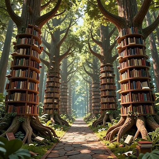 Photograph-like CGI of a sunlit forest path flanked by towering trees with spiral bookshelves, filled with colorful books, surrounded by lush green