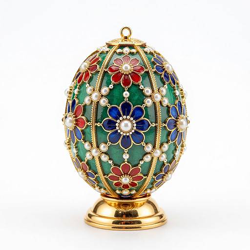 Decorative, ornate egg-shaped object with green background, adorned with red, blue, and white floral patterns, surrounded by gold accents, standing on
