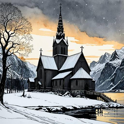 Norwegian Stave Church in Snowy Fjord Sunset