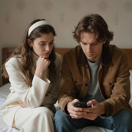 Couple Sitting on Bed Looking at Phone
