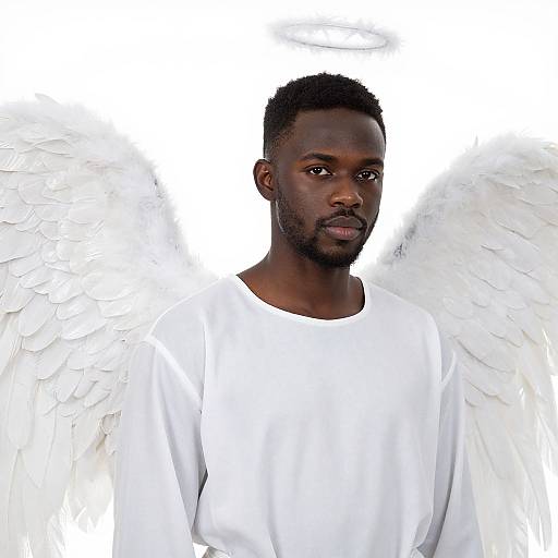Photograph of a dark-skinned man with short black hair and beard, wearing a white shirt, with large white angel wings and a halo against a