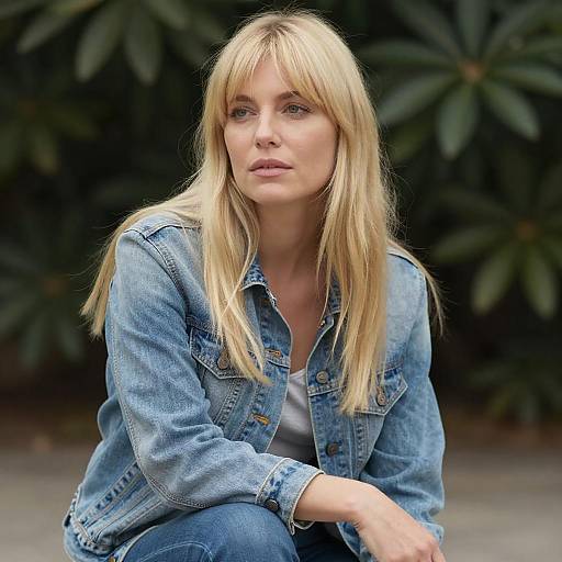 Photograph of a blonde woman with straight hair, wearing a denim jacket and blue jeans, crouching outdoors against a dark green leafy background.