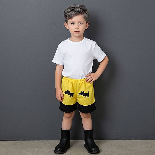 Photograph of a young boy with short, dark hair, wearing a white t-shirt, yellow shorts with black dog prints, and black boots, standing