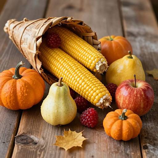 Photograph of a wicker cornucopia spilling yellow corn, red grapes, orange pumpkins, yellow pears, red apple, and small