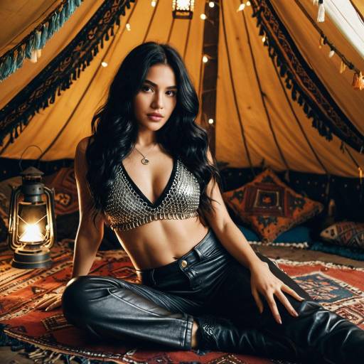 Woman in Metallic Halter Top and Leather Pants in Bohemian Tent