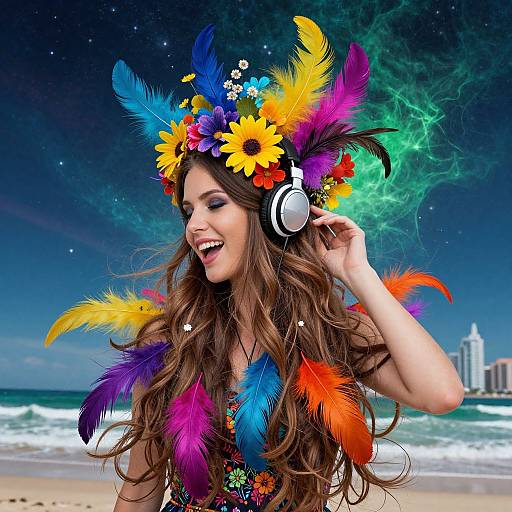Colorful, smiling woman with flower crown, rainbow feathers, and headphones on a beach, starry night sky, and city skyline in background. Phot