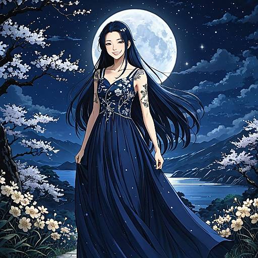 Moonlit Anime Boy in Dark Blue Gown