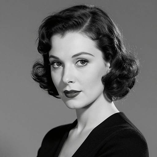 Black-and-white photograph of a 1940s-style woman with short, wavy dark hair, dark lipstick, and a black top, looking directly