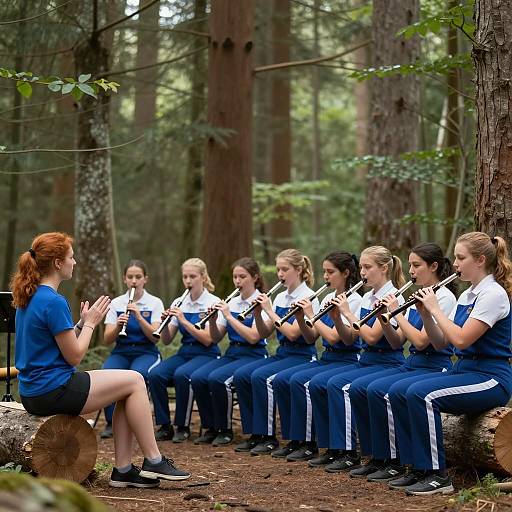 Forest Gathering with Musicians and Clapping Woman