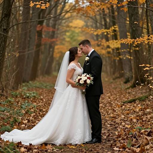 Photograph of a bride in a white lace dress and veil, holding a bouquet, kissing her groom in a black suit in an autumn forest with fallen