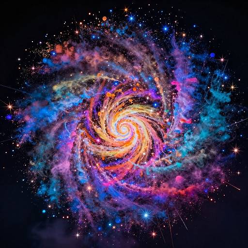 Vibrant spiral galaxy with swirling orange, blue, and purple hues, surrounded by twinkling stars, set against a black cosmic background. Photographic