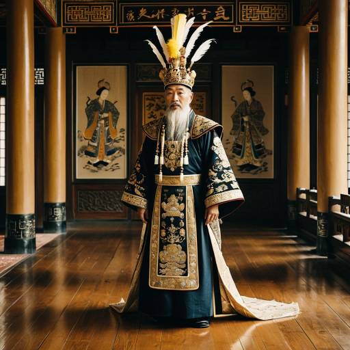 Elderly Asian Emperor in Traditional Royal Costume