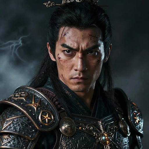 Photograph of a serious Asian male warrior with long black hair, wearing ornate, dark armored shoulder plates, and multiple facial scars, against a sm