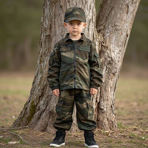 Boy in Camouflage Jacket by Tree