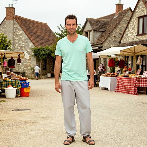 Photograph of a smiling, bearded man in a light blue V-neck shirt and white pants, standing in a rustic outdoor market with stone buildings and