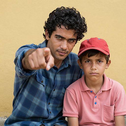 Curly-haired Man and Boy in Casual Attire