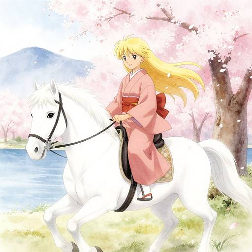 Anime-style digital drawing of a blonde girl in a pink kimono riding a white horse by a cherry blossom tree and pond.